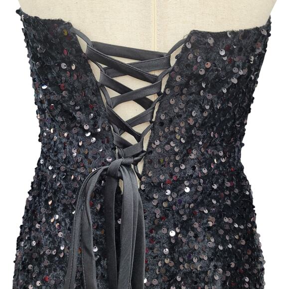 NWT Black Strapless Sequin Evening Gown with Corset Back on Velvet Fabric - Picture 5 of 12